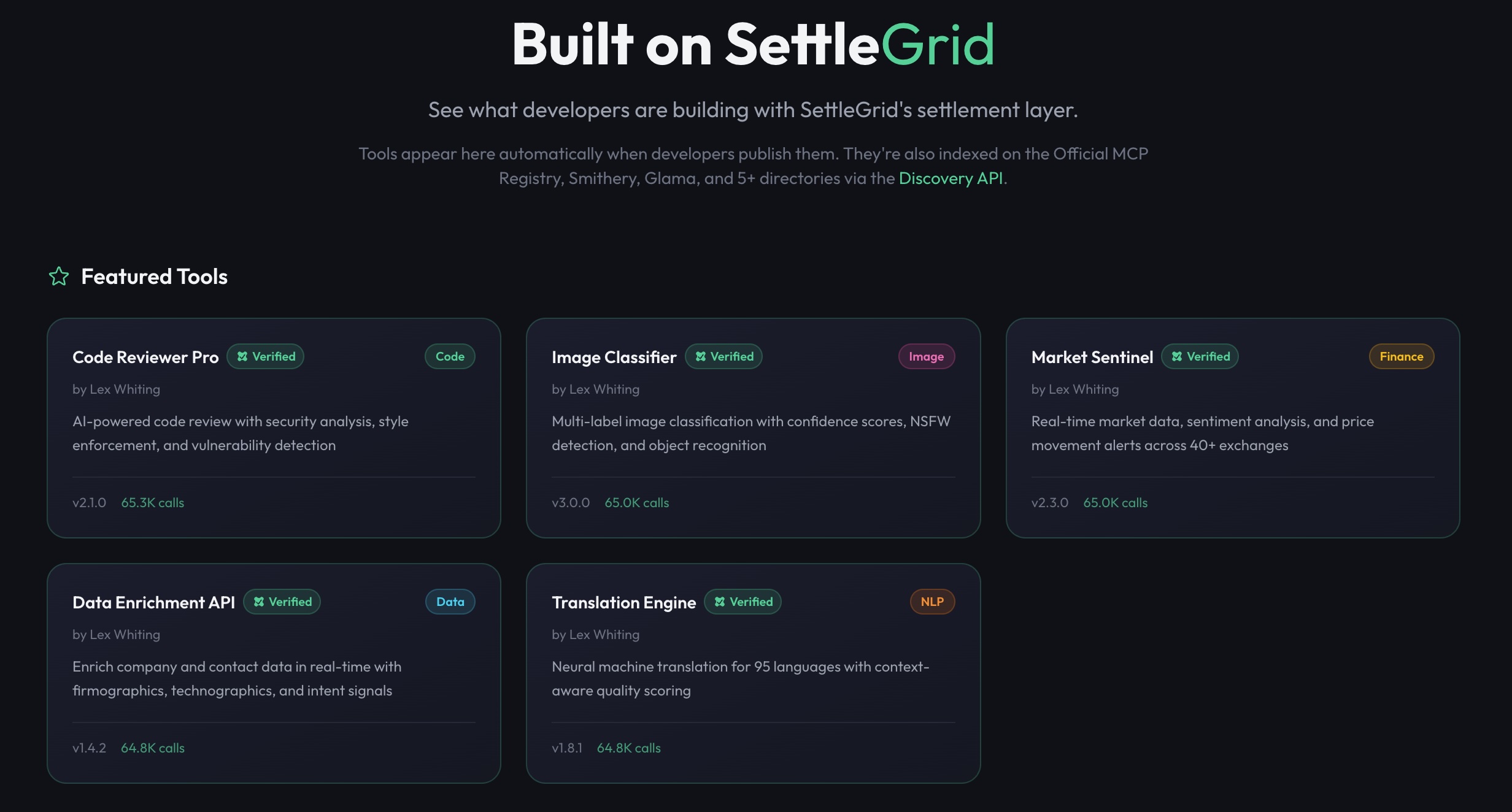 SettleGrid Showcase page with published tools